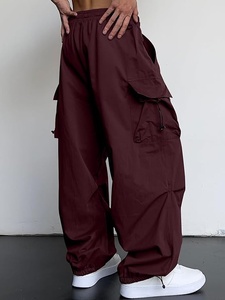 Pantalones Cargo Rojos Oscuros para Hombre, Cintura Elástica con Cordón, Múltiples Bolsillos, Corte Holgado Informal, Ligeros, para Verano - Product Image 2