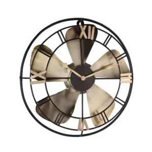 黑色和金色粉末涂层饰面圆形风扇设计的金属线和板材挂钟，为家居装饰提供最佳质量