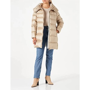 Women's Long <b>Quilted</b> Jacket Hooded Zipper Closure Polyester <b>Wadding</b> Winter Coat Beige Color Full Sleeve - Product Image 1