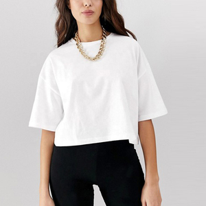 Camiseta Corta de Algodón Blanca para Mujer, Cuello Redondo, Manga Corta, Corte Holgado, Informal, Estilo Jersey, Color Sólido, Transpirable, para Primavera/Verano - Product Image 3