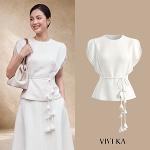 Blusa Elegante de Poliéster y Spandex para Mujer, Cuello Redondo, Manga con Volantes en Capas, Peplum, con Cinturón Hecho a Mano, Diseño Personalizado SOLI, ODM OEM - Product Image 1