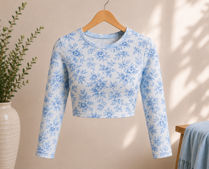 Camiseta de Pijama de Manga Larga para Niñas, 100% Algodón, Estampado Floral Azul, Suave y Elástica, UPF 35, Ropa de Dormir Corta para Niñas Pequeñas - Product Image 1