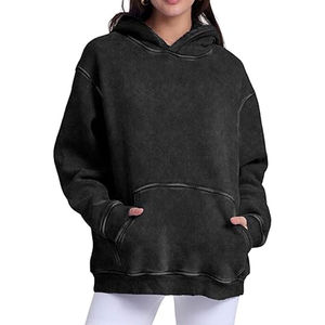 <b>Women's</b> Oversized Hooded <b>Sweatshirt</b> Solid <b>Black</b> Long Sleeve Knitted Cotton Pullover With Pockets Breathable Wholesale Apparels - Product Image 1