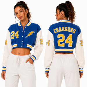 Chaqueta Varsity Corta para Mujer Purple Gold Hornets, Estilo Letterman de Béisbol Y2K, Bordado Personalizado, Venta al por Mayor OEM - Product Image 2