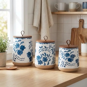 Elegant Ceramic Canister Set Wooden Lid Floral Motif Airtight <b>Kitchen</b> <b>Storage</b> Jars Artisan Countertop Organizer - Product Image 3