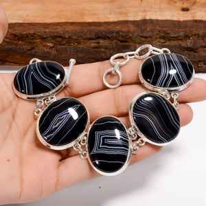 <b>Black</b> Banded Agate Bracelet Vintage Oval 925 Sterling Silver Handmade Jewelry Gift For <b>Women</b> Girls - Product Image 5