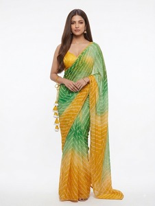 Sari de Georgette con Estampado Digital Verde y Amarillo, Traje Tradicional de Boda para Mujer, Largo hasta el Suelo, Sin Arrugas, Corte Regular, Estilo Bollywood - Product Image 4