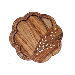 Plateau de service rectangulaire en bois poli avec incrustation de nacre, motif marbre et os, design classique, pour aliments secs et fruits - Product Image 5