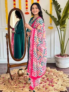 Women's Most Trending Sea Green Viscose Chanderi <b>Kurti</b> Embroidered with Viscose Pant And Printed Dupatta Sets - Product Image 4