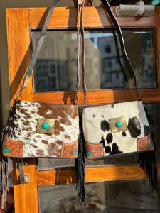 Bolso de hombro de cuero con flecos y pelo tallado, estilo occidental, hecho a mano, piedra turquesa - Product Image 3