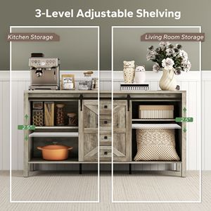 59\" Gray Wash Farmhouse Buffet Cabinet <b>Sideboard</b> with Thick Top 2 Barn Doors 4 Drawers 2 Adjustable Shelves for Villa Dining - Product Image 6