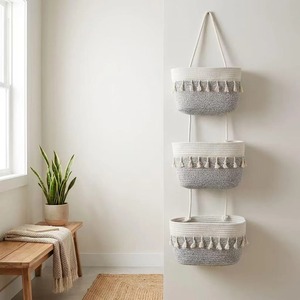 Handmade White Macrame Wall <b>Storage</b> Basket For Stylish Home Organization And Elegant Wall Decor <b>Solution</b> From India - Product Image 3