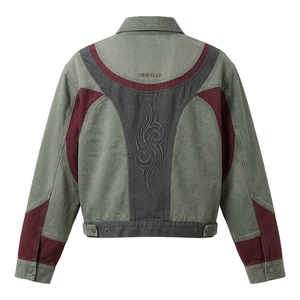 Chaqueta de hombre estilo motero occidental de mezclilla lavada vintage con bloques de color, bordado personalizado en la espalda, estilo urbano, abrigo informal. - Product Image 2