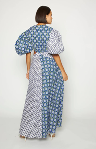Vestido largo bohemio de verano para mujer, azul, estampado, con patchwork, corte recortado y mangas abullonadas - Product Image 4