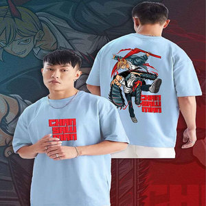เสื้อยืดชายทรงปกติสีฟ้าอ่อนพิมพ์ลายตัวอักษรสไตล์สตรีทแวร์แขนสั้นคอกลมผ้าฝ้ายผสมโพลีเอสเตอร์/ผ้าฝ้าย ตราเฉาไซแมน - Product Image 4