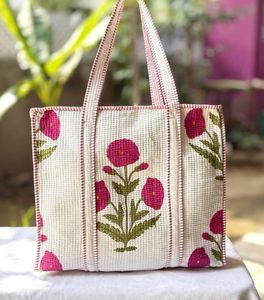 <b>Hot</b> Selling Off White Dark <b>Pink</b> Floral Cotton Kantha Quilted Storage Tote <b>Bag</b> Women Shoulder Travel Carrying Handbag Printed Str - Product Image 1