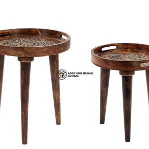 <b>Round</b> Wooden Tray Top Nesting Tables Set of 2 with Handles – Rustic Serving Style Side Tables for Living Room & Bedroom - Product Image 4