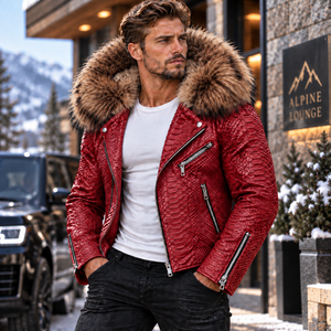Men's Snake Leather <b>Jacket</b> with <b>Real</b> Detachable Fox <b>Fur</b> Hood | Herren Lederjacke | Chaqueta Hombre de Cuero Python - Product Image 1