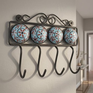 Rustic Metal <b>Wall</b> <b>Hook</b> <b>Rack</b> with 4 <b>Hooks</b> and Floral Ceramic Tiles for Home Decor - Product Image 3