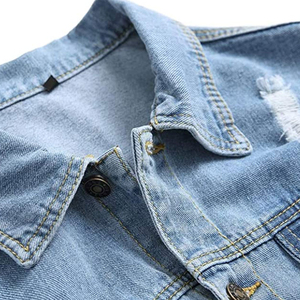 <b>Men's</b> Light Blue <b>Denim</b> <b>Jacket</b> Stand Collar Single Breasted Frayed Details Casual Autumn Style Regular Fit - Product Image 3
