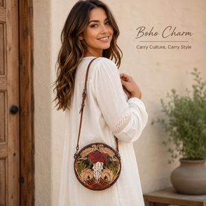 Handmade Genuine Leather Round Crossbody Bag for Women | Western Floral Skull Art Shoulder Purse Vintage Boho Artisan <b>Handbag</b> - Product Image 2