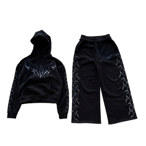 Conjunto de Sudadera con Capucha Oversize y Pantalones Anchos con Estampado Gráfico Personalizado, Estilo Y2K Cyber Gothic Streetwear, Chándal de Algodón Grueso - Product Image 1
