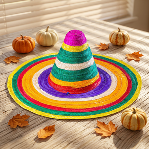 Multicolor Striped Mexican Sombrero <b>Hat</b> Bamboo Straw Fiesta <b>Hat</b> with <b>Pom</b> Poms <b>for</b> Party - Product Image 5