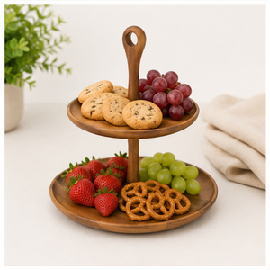 Premium Natural Acacia Wood 2-Tier Cake Stand Handcrafted Round Tiered Serving Tray for Cupcakes Desserts and Fruits Wood Buffet - Product Image 4