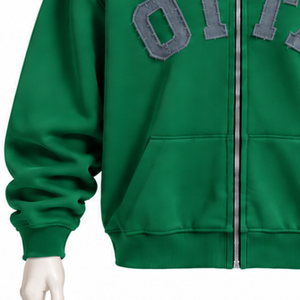 Sweat-shirt à capuche zippé vert foncé pour homme, en molleton épais avec appliqué lettre en chenille, coupe oversize, style streetwear, avec poches avant - Product Image 5