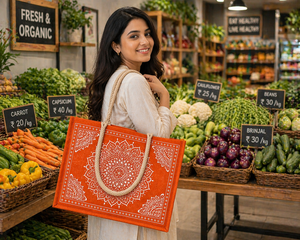 Orange Mandala Printed Jute <b>Mini</b> <b>Tote</b> <b>Bag</b> Eco Friendly Reusable Magnetic Closure Ethnic Block Print for Wedding Party Groceries - Product Image 2