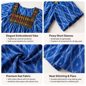 Vestido Mini Azul de Algodón Ikat para Mujer, con Bordado en el Pecho, Mangas con Volantes, Corte Holgado, Informal, para Uso Diario de Verano - Product Image 5