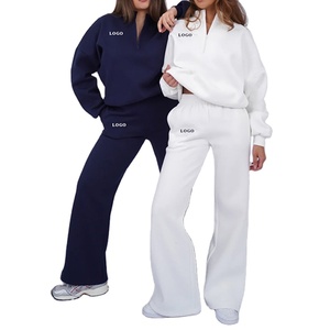 Sweat-shirt deux pièces à fermeture éclair pour femmes, vêtements de sport épais en polaire avec logo personnalisé, ensemble de pantalons de survêtement, ensemble de survêtements à capuche - Product Image 1