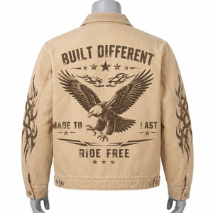 Veste en jean kaki vintage personnalisée avec imprimé graphique d'aigle, doublure matelassée, col rabattable, fermeture éclair, veste de travail unisexe pour un confort optimal - Product Image 6