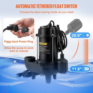 Bomba sumergible para aguas residuales de 3/4 HP, 5880 GPH, 1050W, con interruptor de flotador tipo Piggy-Back de 10 pies, salida duradera de 2 pulgadas, maquinaria de tratamiento de agua de fundición - Product Image 5
