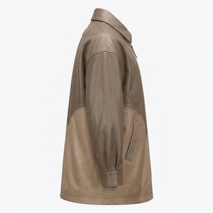 Veste en cuir véritable beige pour homme, sur mesure, avec panneau à ourlet incurvé crème, col rabattable, coupe ample et oversize, fournisseur de vêtements d'extérieur - Product Image 3