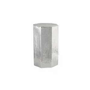 Hammered Silver Hexagonal Pedestal <b>Stool</b> | Metal Geometric Side <b>Table</b> | Polished Chrome Hexagon Accent <b>Table</b> Modern Decor - Product Image 1