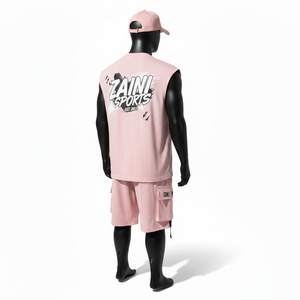 Conjunto de camiseta sin mangas y pantalones cortos para hombre, de algodón y poliéster, con acabado liso, color rosa, con panel cargo. - Product Image 5