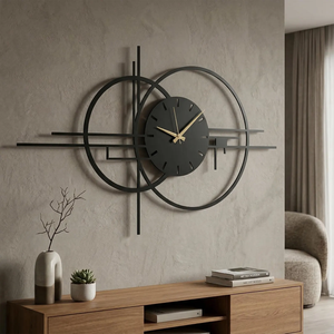 Horloge murale géométrique en métal |   Panneau en acier circulaire abstrait |   Pièce de luxe de style moderne du milieu du siècle |   Grand Horloge Silencieuse Noire - Product Image 2