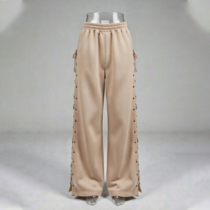 Pantalon décontracté pour femme à jambes larges avec détails de lacets latéraux, taille élastique, coupe décontractée - Product Image 1