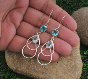 Boucles d'oreilles pendantes en argent sterling 925 avec turquoise en forme de goutte d'eau, pierre précieuse taillée en poire carrée, boucle en fil, cadeau de luxe pour fiançailles, vente en gros - Product Image 3