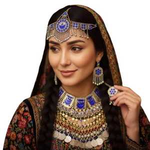 Afghan Tribal Kuchi Jewelry <b>Set</b> For Women Featuring Large Reflective <b>Crystals</b> In Choker Necklace And Long Dangling - Product Image 1