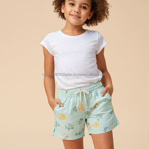 Short fille décontracté confortable taille haute élastique avec bouton décoration solide motifs personnalisés coton sergé tissé tissu enfants - Product Image 5