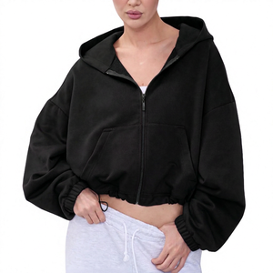 Sudadera con Capucha Oversize Corta con Cremallera, Manga Murciélago, Diseño de Bolsillo de Color Liso, Unisex, de Felpa Francesa, para Otoño - Product Image 5