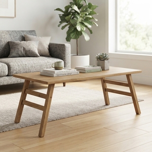 <b>Solid</b> <b>Wood</b> Rectangular Coffee Table Modern Minimalist A Line Frame Leg Natural Teak Style Wooden Tea Stand Living Room Furniture - Product Image 3