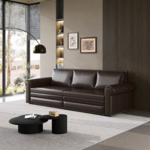 Divano letto Chesterfield King da 238 cm, trasformabile 3-in-1 in ecopelle con finiture a borchie e braccioli arrotolati, modello M - Product Image 1