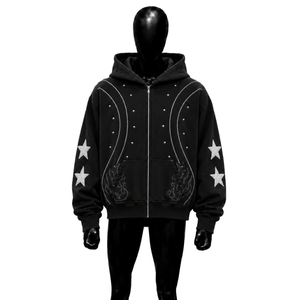 Sweat à capuche zippé oversize streetwear noir premium, brodé, avec poche avant zippée, manches classiques, en coton - Product Image 1