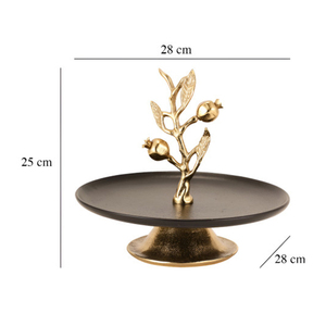 Elegante soporte para pastel negro mate con base plateada pulida y centro decorativo de rama de granada esculpida, decoración de lujo. - Product Image 3