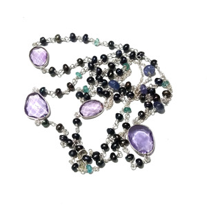 Collier en argent sterling 925 fait main avec améthyste naturelle, perle noire et kyanite, long, multi-pierres, idéal pour les fêtes et comme cadeau - Product Image 5