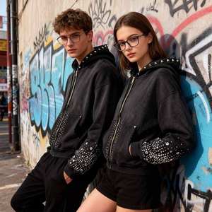 Nueva Llegada Sudadera con Capucha Oversize para Hombre de Alta Calidad con Bordado de Letras Personalizado, Estampado Gráfico, Lavado Ácido y Efecto Desgastado, Corte Holgado con Cremallera - Product Image 3