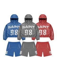 Ensemble veste coupe-vent à capuche et short Saint 98 multicolores |   Veste zippée oversize et short |   Ensemble assorti streetwear OEM privé - Product Image 1